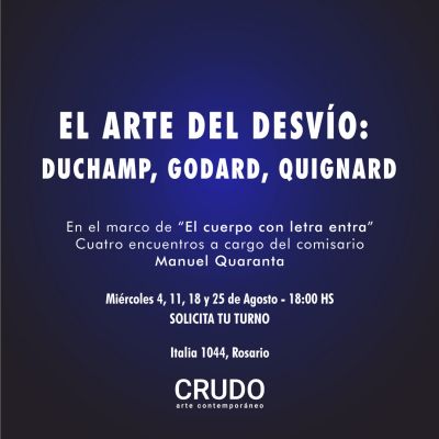 Flyer de El arte del desvío. Se puede leer el título, un resumen y los datos de la galería.