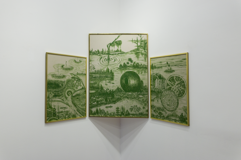 Los fantasmas de M.A. o la desfloración de la serie “Tatachina” - Acrílico, óleo y lápiz de color sobre lienzo crudo. Marco de marupá y dorado a la hoja - 40 x 30 cm. - 2025