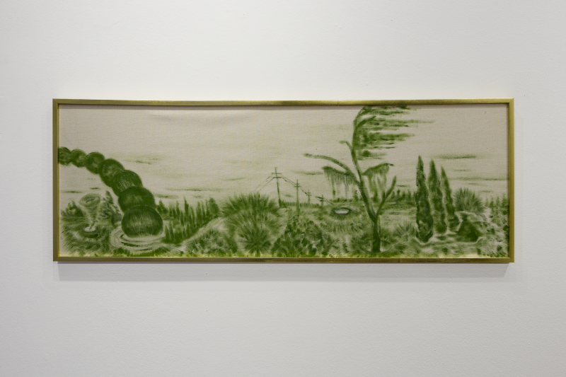 Acá estábamos momentáneamente estables de la serie “Tatachina” - Acrílico, óleo y lápiz de color sobre lienzo crudo. Marco de marupá y dorado a la hoja - 40 x 30 cm. - 2025